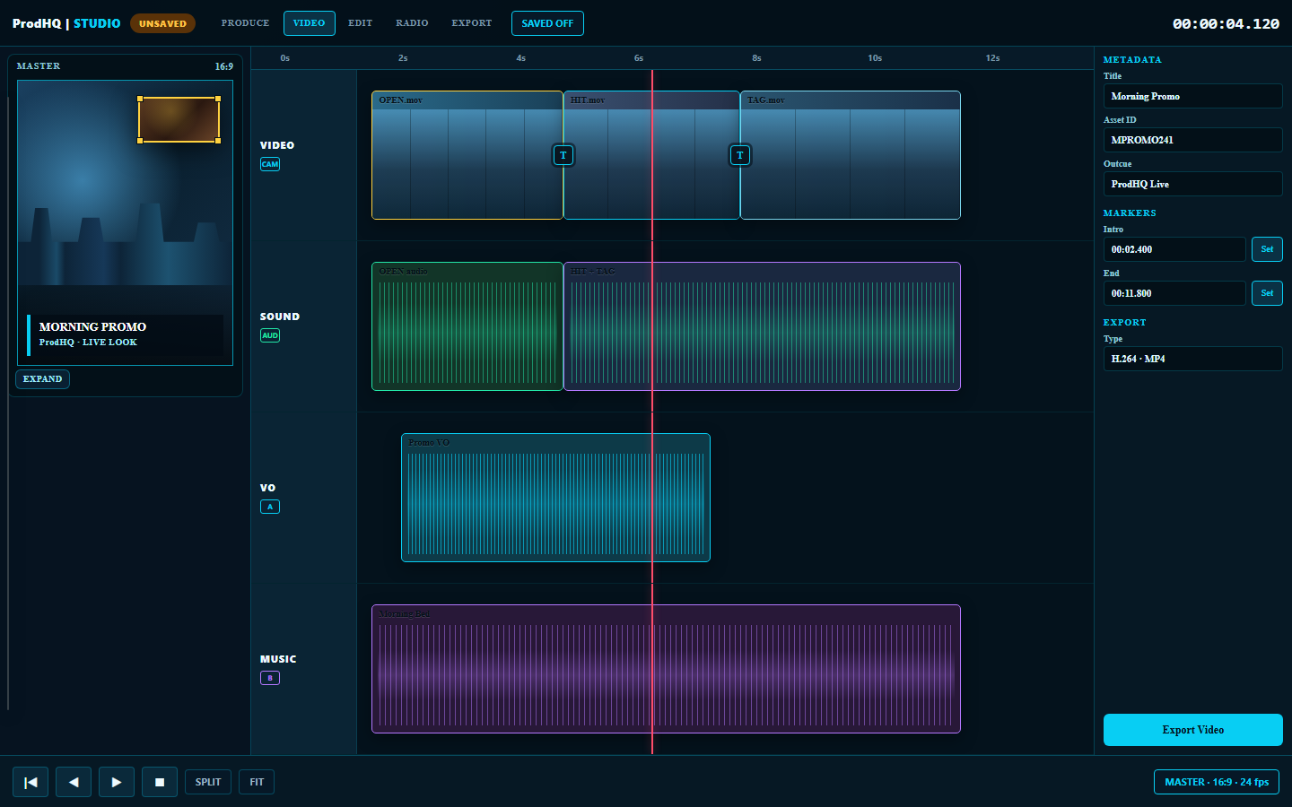 ProdHQ Studio VIDEO room with MASTER / CLIP preview, multitrack timeline, and H.264 export